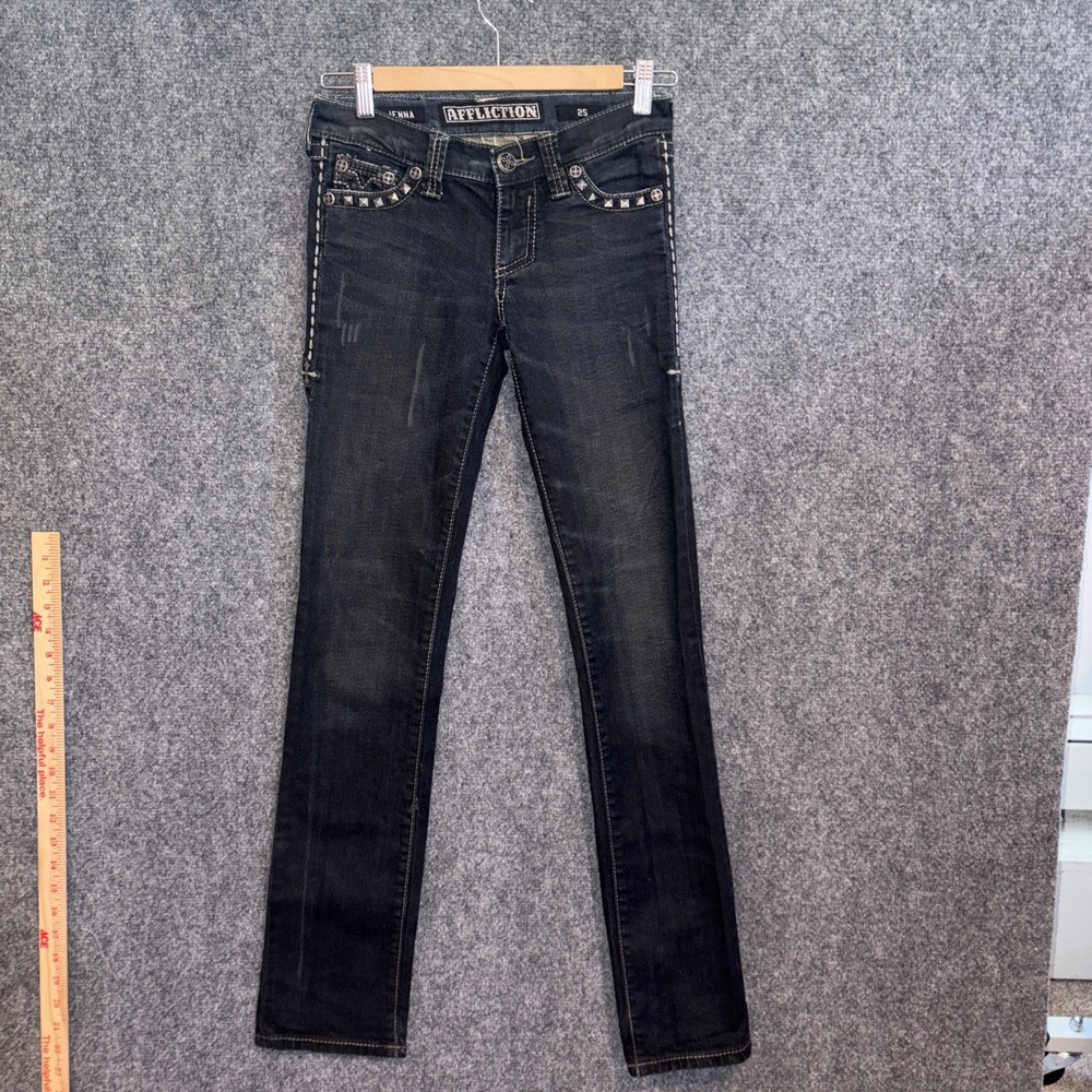 Affliction Jenna Straight Leg Jeans Womens 25x31 Dark Wash Studded Embellished